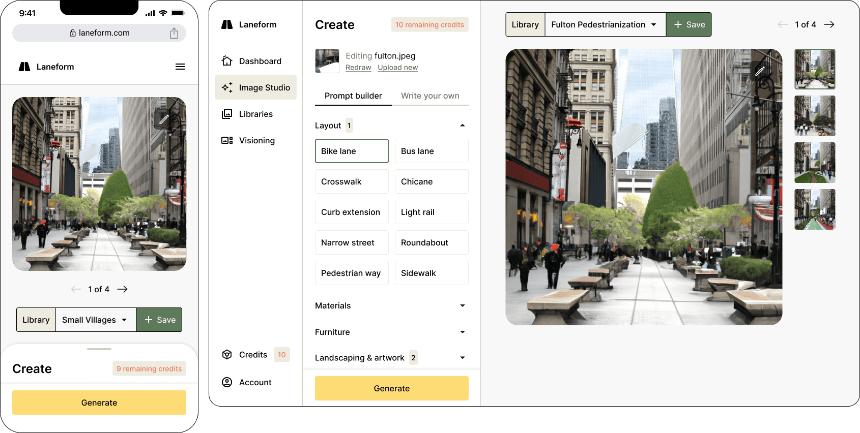 The image studio is the core of the experience. Users may upload an image of the space they'd like to redesign, and then use the tools to draw their vision for the space.