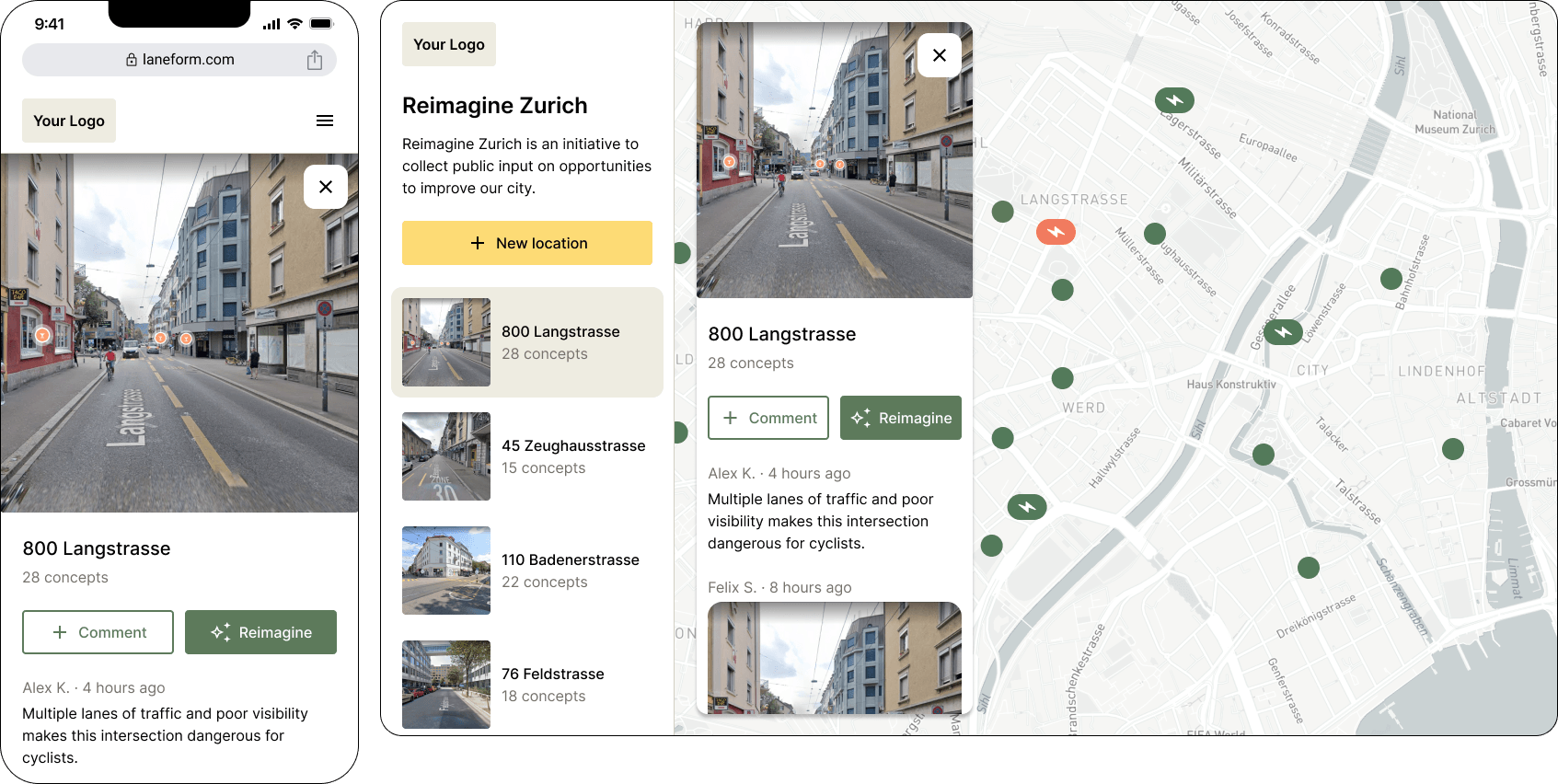 The map view shows all of the projects that are currently open for public input. Users may click on a project to view the project details and contribute their ideas.