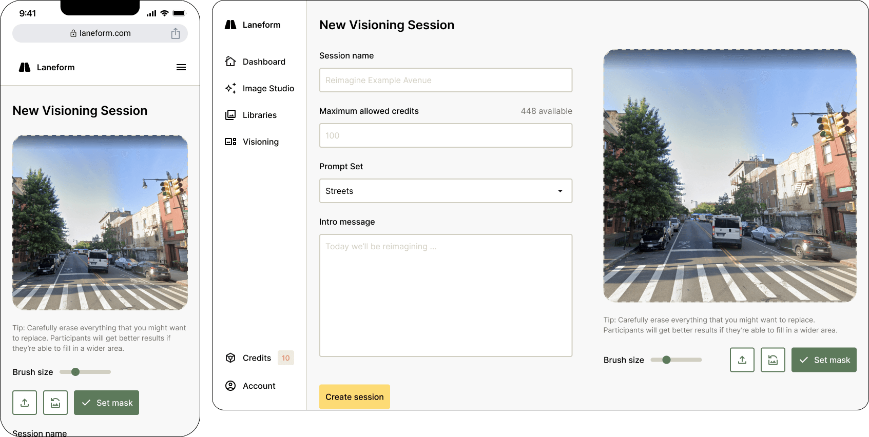 The visioning session is a collaborative experience facilitated by the project planner. The planner may invite participants to the session, and then use the tools to draw their vision for the space.