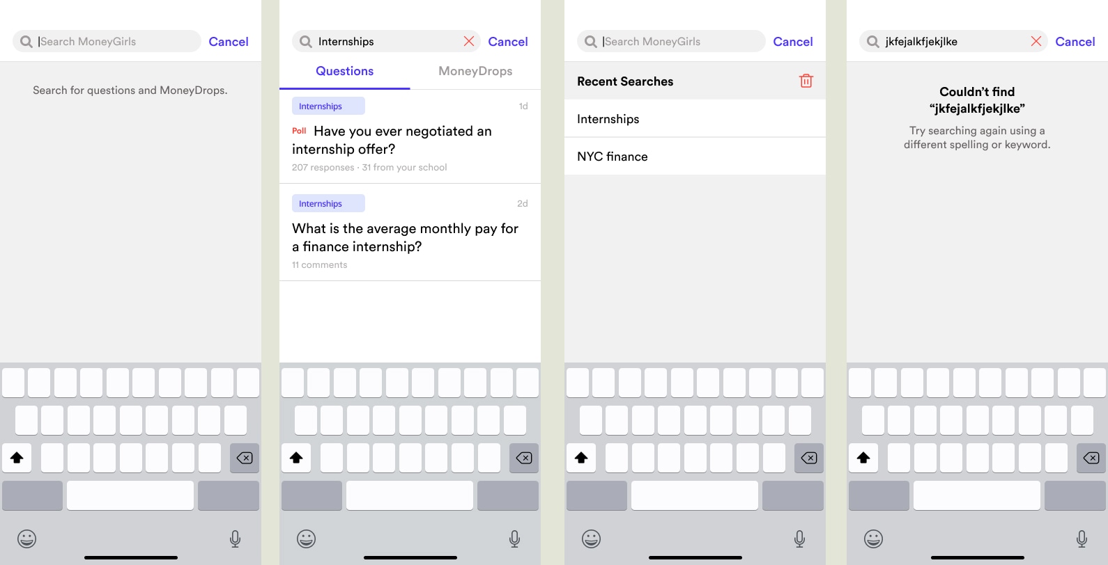 When searching for a term, we grouped results by questions and expert articles (termed 'MoneyDrops').