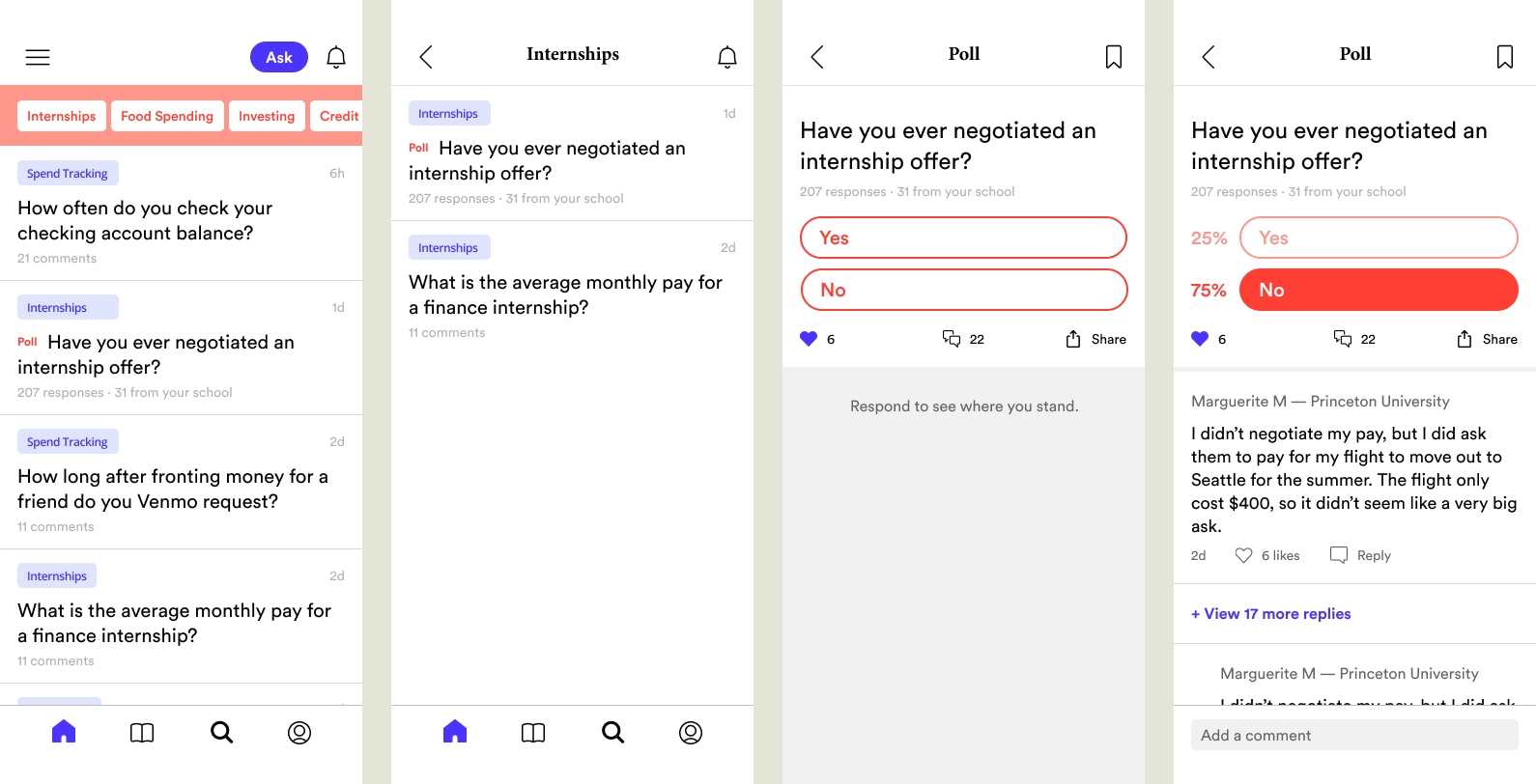 The main view of the app was a forum of questions asked by the community. Each question could also include a poll.