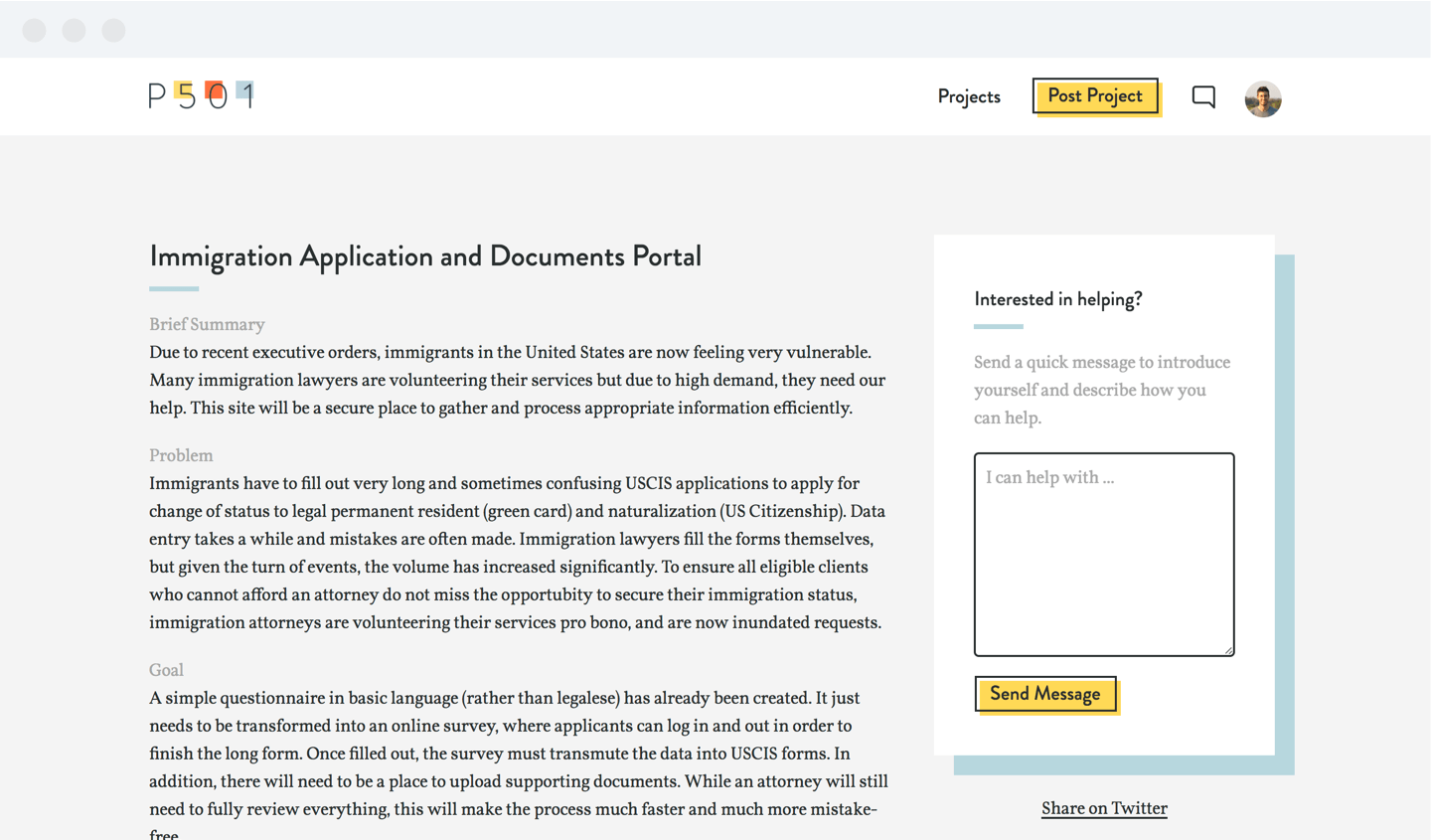 Once a project is posted, volunteers could submit interest in helping by sending a quick message to the organization.