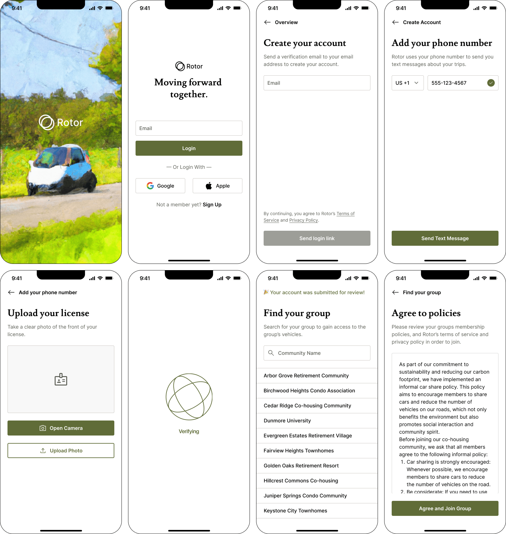 Onboarding flow to sign up a driver and admit them into a car sharing community.