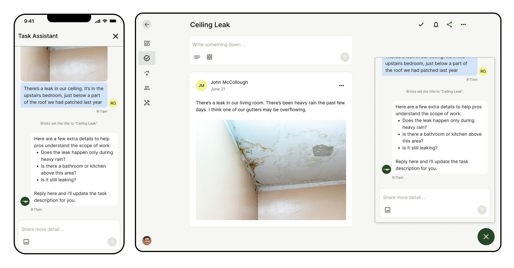 The task workspace allowed the homeowner and contactor to share updates. The AI assistant was always available to privately answer homeowner questions.